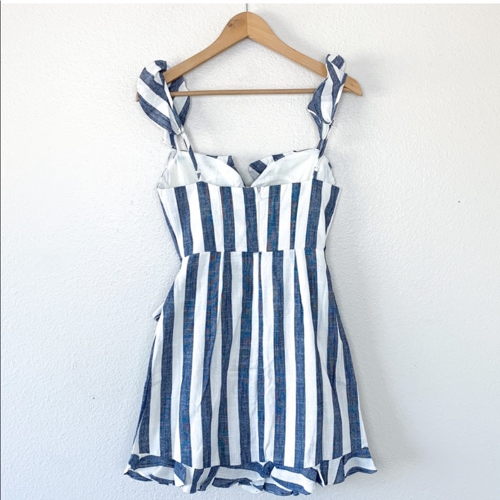 Saints + Secrets Stripes Denim Sweetheart Faux Wrap Dress Blue White Ruffle Mini - Picture 4 of 15